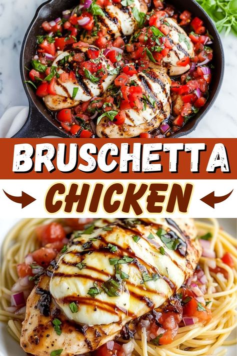 This easy bruschetta chicken is full of satisfying flavor! With the classic combo of mozzarella, tomatoes, basil, and balsamic vinegar, it's such a treat. Mozzarella Balsamic Chicken, Balsamic Chicken With Tomatoes, Easy Bruschetta Chicken, Chicken Mozzarella Tomato Recipes, Tomato Balsamic Mozzarella, Tomato Basil Balsamic, Chicken Basil Mozzarella Tomato, Recipes With Bruschetta, Recipes With Chicken And Tomatoes