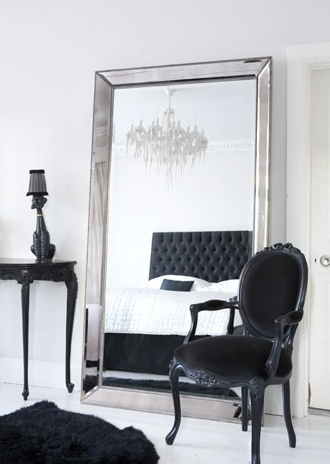 The French Bedroom Company Blog - Reflective Glory, looking at the perfect mirror for your home and bedroom from classical, french, gold ornate French mirrors to minimalist, modern, cool and clean lines. A beautiful monochrome bedroom with our Strictly Studded Floor Mirror and Sassy Boo Chair. Modern and stylish Black White Rooms, Bunk Beds With Stairs, French Bedroom, Black Console, Black Furniture, Trendy Bedroom, Design Del Prodotto, Mirror Mirror On The Wall, White Room