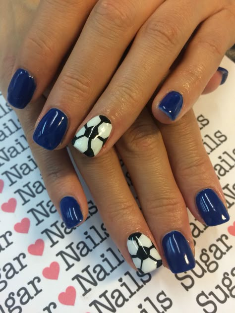 Soccer nails! Samurai blue for Japan team. Blue gel and soccer ball! Soccer Nails Design Mom, Soccer Ball Nails Designs, Soccer Theme Nails, Soccer Ball Nails, Soccer Mom Nails, Soccer Nail Art, Soccer Nails Design, Sport Nails, Soccer Nails