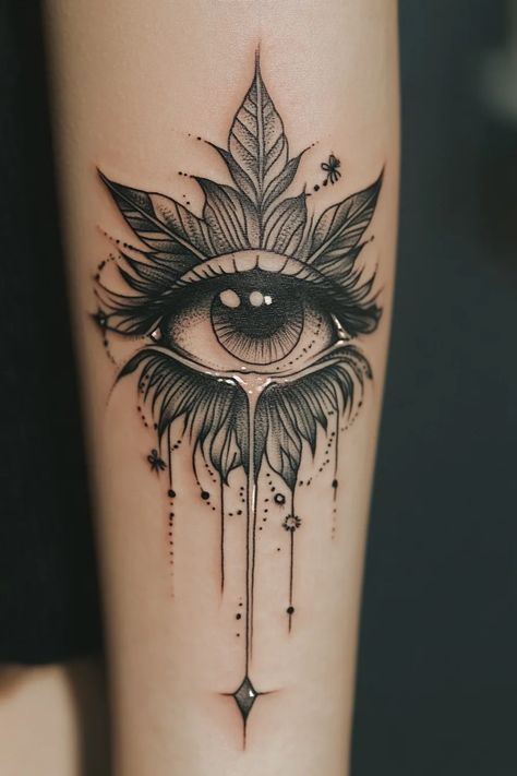 eye tattoo ideas 38 One Eye Tattoo Design, Protective Eye Tattoo, Green Eyes Tattoo, Badass Tattoo Ideas, Third Eye Tattoo, Eye Tattoo Ideas, Eye Tattoo Design, Eye Tattoo Meaning, Black Flowers Tattoo