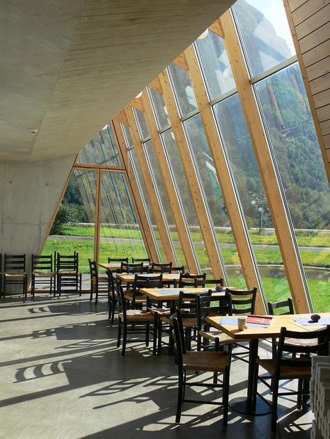 Norwegian Glacier Museum by Architect Sverre Fehn: Cafe at the Norwegian Glacier Museum Scandinavian Exteriors, Sverre Fehn, Norwegian Architecture, Oslo Opera House, Nordic Architecture, School Building Design, Danish Architecture, Museum Interior, Scandinavian Architecture