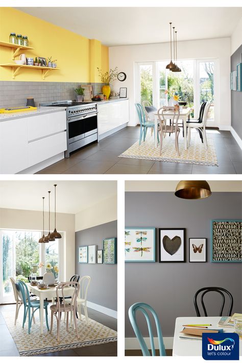 Create a coherent and sophisticated scheme for your open plan kitchen-diner. Combine fresh yellow such as Lemon Pie with a deep grey like Deep Fossil married together perfectly with a cool neutral Egyptian Cotton. #openplan #kitchendecor #kitchenideas #grey Dulux Lemon Pie, Open Plan Kitchen Living Room Wall Colours, Open Plan Kitchen Living Room Colour Scheme, Kitchen Diner Colour Schemes, Grey And Yellow Kitchen Ideas, Yellow Grey Kitchen, Narrow Kitchens, Girl Nurseries, Kitchen Colour