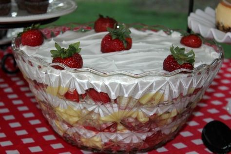 Strawberry Punchbowl Cake Punchbowl Cake, Strawberry Punch Bowl Cake, Punch Bowl Cake Recipe, Healthy Banana Split, Strawberry Punch, Punch Bowl Cake, Banana Split Cake, Banana Split Dessert, Easy Puddings