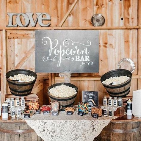 44 Exciting Popcorn Bar Ideas For Your Wedding - Weddingomania Bar At Wedding Reception, Popcorn Bar Ideas, Bar At Wedding, Wedding Popcorn Bar, Bridal Shower Baskets, Popcorn Station, Popcorn Buffet, Rustic Wedding Foods, Popcorn Wedding