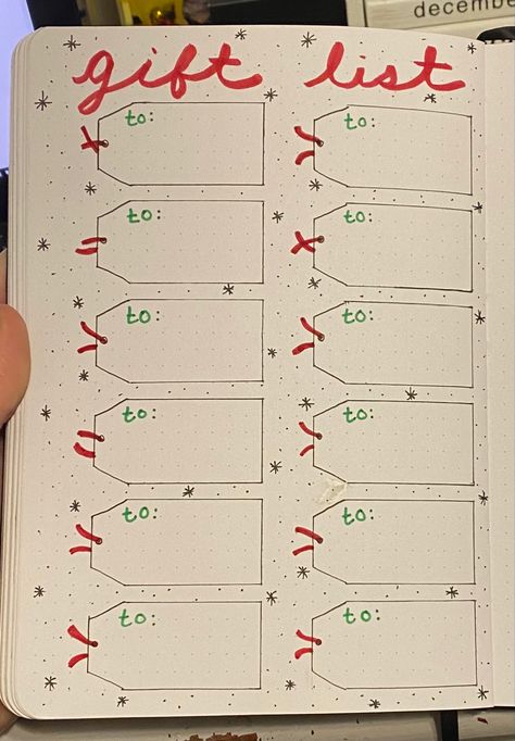 Christmas gift list tracker for your bullet journal. Keept track of how mnay people you have this holiday season. #bujo #bulletjournals #christmasgifts Bujo Christmas Gift List, Christmas Planning Bullet Journal, December Bullet Journal Weekly Spread, Bullet Journal Shopping List, Bulett Journal Page Ideas December, Bujo Christmas Theme, Bullet Journal Ideas For December, Bullet Journal Christmas Gift List, Journal Christmas Ideas