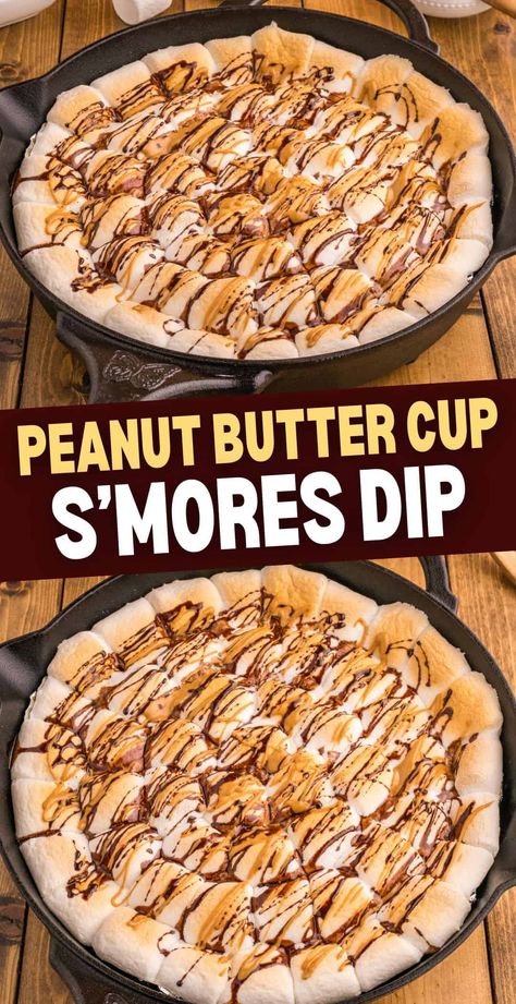 Peanut Butter Cup S'mores Dip Smore Dip Recipe, S’more Dip Oven, Crockpot Smores Dip, Reeses Smores, Dipped Smores, Peanut Butter Smores Dip, Smore Dip, Reeses Desserts, Smores Treats