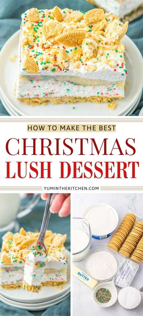 Enjoy a simple and festive Christmas cookie lush dessert this holiday season! This no bake recipe features layers of creamy cheesecake and cookies, making it an easy and delicious treat. Perfect for holiday parties and gatherings, this make-ahead dessert is a crowd-pleaser. Celebrate with this delightful treat! Christmas Pie Recipes, No Bake Christmas, Lush Recipes, Favorite Christmas Desserts, Easy Dessert Recipes Christmas, Christmas Trifle, Bake Christmas, Christmas Baking Cookies, Christmas Cheesecake