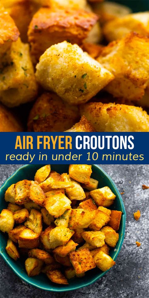 Air fryer croutons are the best of both worlds: crispy on the outside, yet slightly soft on the inside. Seasoned with a simple blend of spices, they are ready in under 10 minutes! #sweetpeasandsaffron #airfryer #sidedish Air Fryer Croutons, Homemade French Toast, Fry Recipes, Croutons Homemade, Air Fryer Dinner Recipes, Air Fryers, Air Fryer Recipes Easy, Air Fryer Recipes Healthy, Sweet Peas