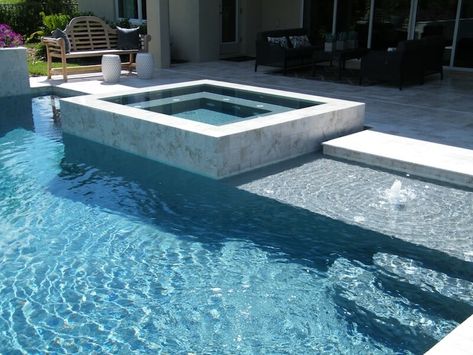 Spa Waterline Tile, Gray Pool Tile Ideas Waterline, White Tile Waterline Pool, White Water Line Pool Tile, Pool Wall Tile Ideas, Modern Pool And Spa Design, Pool Waterline Ideas, Penny Tile Pool Waterline, Marble Pool Tiles