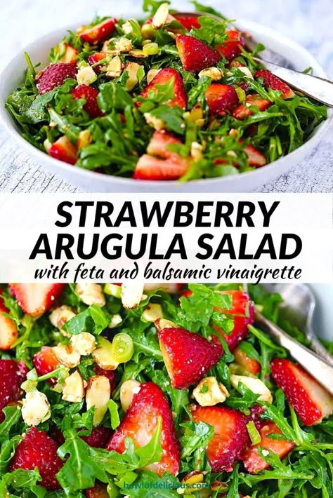 Strawberry arugula salad in a white bowl and a process collage showing how to mix the balsamic vinaigrette and toss everything together in a large bowl. Dairy Salad Recipes, Good Arugula Salad, Arugula Salad With Berries, Salad Recipes With Arugula, Leafy Salad Recipes Simple, Spinach And Arugula Salad Recipe, Arugula Salad With Strawberries, Simple Arugula Salad Recipes, Arugula Spinach Salad Recipes