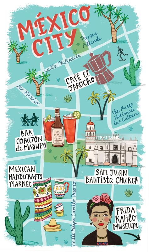 Maps Illustration, Mexican Patterns, City Maps Illustration, Mexico City Map, Mexico Map, Cactus Illustration, Travel Art Journal, Beautiful Days, Whimsical Artwork