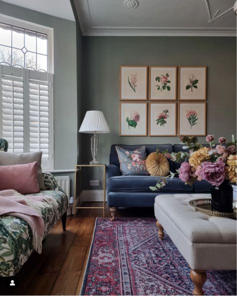 Navy sofa, light sage walls | Mumsnet Navy Blue And Light Green Living Room, Navy Sofa Lounge Ideas, Green Blue And Pink Living Room, Pink And Blue Sofa Living Room, Blue Sofa Room Ideas, Duck Egg Blue Sofa Living Room Ideas, Mauve And Blue Living Room, Blue Sofa Green Walls Living Rooms, Green Walls Blue Sofa