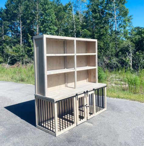 Dog Kennel Hutch Shelving FREE SHIPPING Buffet Table - Etsy Dog Cage Furniture Ideas, Entryway Dog Kennel, Dog Area In Small House, Dog Cage Storage Ideas, Pallet Dog Kennel Indoor, Ikea Dog Kennel Hack, Bookshelf Dog Kennel, Stacked Dog Kennels, Dog Home Indoor