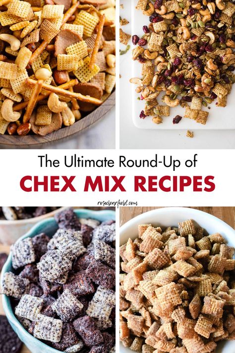 The ultimate round-up of Chex mix recipes! 50 snack mix recipes for all occasions. Sweet, savory, spicy, and more, with lots of holiday recipes. #Chexmix #snackmix #partyfood Churro Chex Mix Recipes Puppy Chow, Snack Mix With Kix Cereal, Sweet Snack Mixes Recipes, Salty Mix Snack, Healthy Sweet Chex Mix Recipes, Chex Recipes Christmas, Snake Mix Recipes, Tex Mix Snack, Snacks Made With Chex Cereal