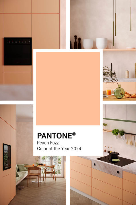 Add some colour to your kitchen! The colour "Peach Fuzz" is the Pantone®️ colour of the year 2024 and also looks great in the kitchen. 🧡   If you prefer to use neutral colours when planning your kitchen or already have an existing kitchen, you can also create wonderful little accents in this summer colour. 🍑 Peach Cabinets Kitchens, Pantone Peach Fuzz, Salmon Kitchen, Dark Blue Kitchens, Latest Kitchen Trends, Kitchen Vibes, Pantone Colour Of The Year, Peach Kitchen, Kitchen Colour