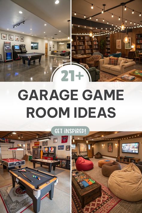 Click for More ➡️ | Save for Later ❤️ | Garage Game Room Ideas: Transform your garage with sleek floors, cozy seating, and vibrant wall art. Garage Game Room Ideas Diy, Family Game Room Ideas Small Spaces, Open Game Room Ideas, Garage Entertainment Ideas, Game Room Layout Ideas, Teen Boy Game Room, Golf Simulator Room Design Garage, Finished Garage Ideas Living Spaces, Loft Ideas Upstairs Game Room