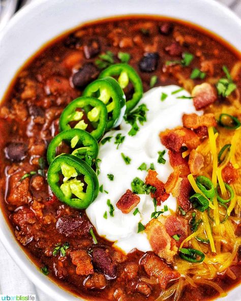 This chili with three beans, ground turkey, and bacon is hearty and satisfying - the ultimate comfort food! Instant Pot Turkey Chili, Instant Pot Turkey, Bacon Chili, Turkey Chili Recipe, Slow Cooker Turkey Chili, Chili Cheese Fries, Chili Recipe Turkey, Best Chili Recipe, Chili Soup