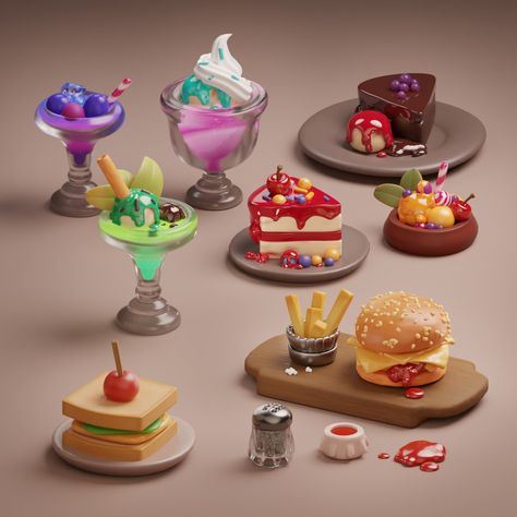 Brice Eljeji on Instagram: “Tiny Food props (next week scene's preview) ! #cuteart #3dart #blendercommunity #b3d #3drender #lowpoly #lowpolyart #foodillustration…” Food Concept Art, Witch Cafe, Blender Ideas, Ital Food, Food 3d, Restaurant Game, 3d Blender, 3d Props, Food Props