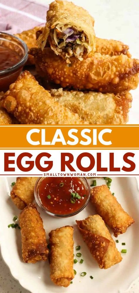 Try this simple appetizer recipe! Packed with ground pork and veggies, these crispy homemade Egg Rolls taste so much better than takeout. Don't forget the dipping sauce for this finger food idea! Philippine Egg Rolls, Authentic Pork Egg Rolls, Mini Egg Rolls Appetizers, Easy Vegetable Egg Rolls, Oven Egg Rolls, Ground Chicken Egg Rolls, Homemade Egg Roll Wrappers, Easy Egg Roll Recipes, Eggroll Recipes