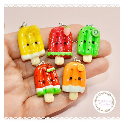 Check out the new video tutorial on my YouTube channel on how to make these cute charms! Disney Clay Charms, Kawaii Popsicle, Kawaii Charms, Food Kawaii, Polymer Clay Kawaii, Clay Keychain, Clay Things, Polymer Clay Animals, Cute Polymer Clay