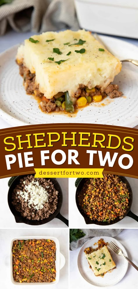 Cottage pie when cooking for two! This small shepherds pie recipe will become one of your go-to weeknight dinners. Topped with mashed potatoes, this easy meal with ground beef and vegetables is hearty and flavorful! Shepherds Pie For Two Recipe, Small Shepards Pie Recipe, Joanna Gaines Shepherds Pie, Shepherds Pie With Gravy, Shepards Pie For 2, Shepherds Pie Recipe No Vegetables, Ground Beef Recipes For One, Shepherds Pie Soup Recipe, Pioneer Woman Shepards Pie