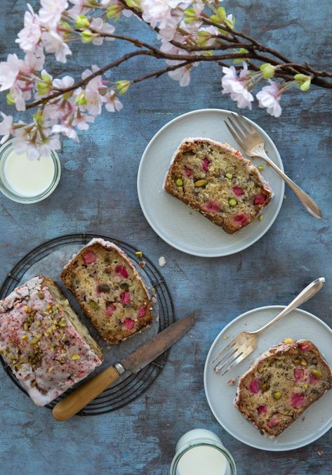 Rhubarb Pistachio Loaf with Strawberry Glaze | Salt and Serenity Rhubarb Pistachio, Rhubarb Loaf, Pistachio Loaf, Cherry Rhubarb, Strawberry Bread Recipes, Cherry Bread, Fresh Strawberry Recipes, Strawberry Bread, Strawberry Glaze