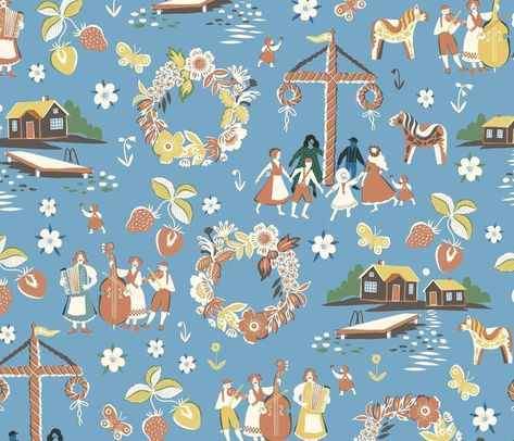 Rebecca Elfast on Instagram: “The pattern I made for the upcoming @spoonflower challenge. Theme is Swedish Midsummer Festival, I have so many sweet childhood memories…” Peaceful Drawings, Midsummer Sweden, Swedish Pattern, Swedish Folklore, Midsummer Festival, Swedish Midsummer, Swedish Art, National Symbols, Scandinavian Folk Art