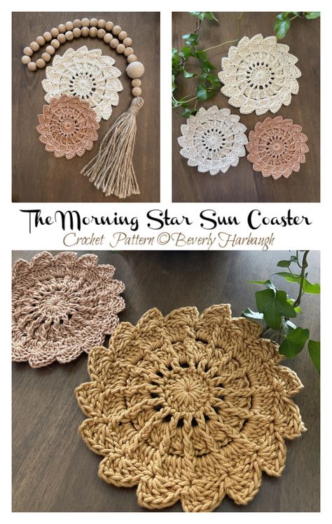 Coaster Crochet Pattern, The Morning Star, Coaster Crochet, Crochet Coasters Free Pattern, Crocheted Flowers, Pattern Images, Morning Star, Crochet Coasters, Crochet Knitting