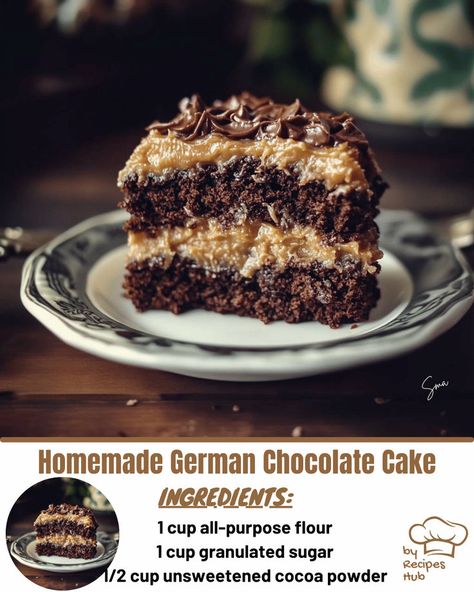 Homemade German Chocolate Cake Choclate Cake Recipe, Birthday Cake Recipe Homemade, German Chocolate Cake Frosting, Homemade German Chocolate Cake, Best Birthday Cake Recipe, German Chocolate Cake Recipe, Coconut Pecan Frosting, Cake Recipes Easy Homemade, Rich Desserts