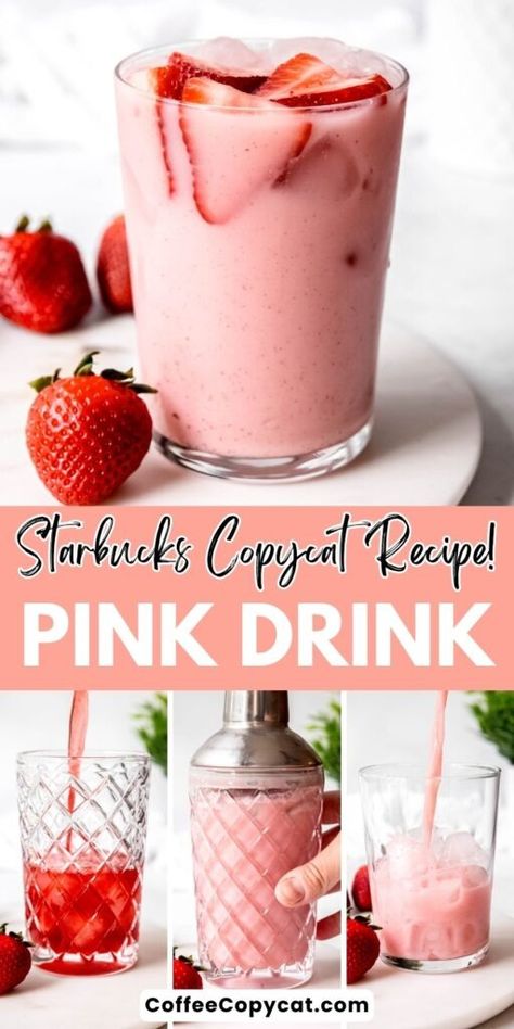 Pink Drink Recipe (Starbucks Copycat) - coffeecopycat.com Pink Drink Recipe, Starbucks Pink Drink Recipe, Pink Drink Starbucks, Homemade Starbucks, Starbucks Pink Drink, Pink Drink Recipes, Copycat Starbucks, Strawberry Drinks, Seasonal Drinks