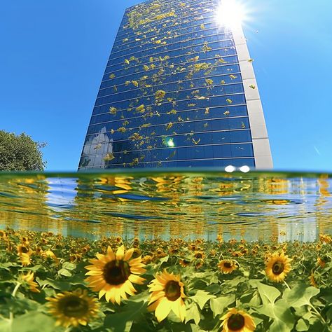 A bright and sunny AI image of a skyscraper submerged in a body of water filled with sunflowers in the style of Frutiger Aero. Y2k Frutiger Aero, Frutiger Aero Background, Frutiger Aero Fashion, Frutiger Aero Nails, Frutiger Aero Room, Frutiger Aero Pfp, Frutiger Aero Widgets, Frutiger Eco, Neo Y2k