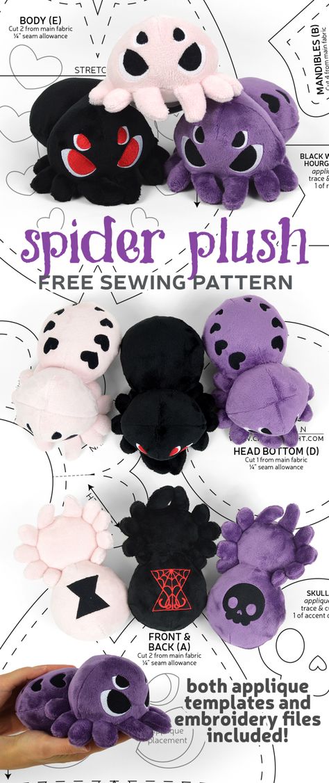 Sanrio Plush Sewing Pattern, Free Stuffy Sewing Patterns, Simple Plush Patterns, Spider Sewing Pattern Free, Hand Sewn Stuffed Animals Free Pattern, Easy Plush Pattern Free, Hand Sewn Patterns, Moth Plush Pattern Free, Kawaii Plush Pattern