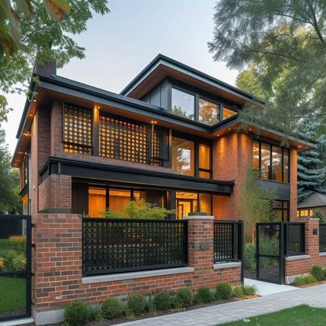 Brick And Cinder Block House, Modern Brick Ranch Exterior, Brick And Stone Exterior Combinations Modern, Brick Fence Ideas, Types Of Houses Styles, Modern Brick House, Brick House Designs, Backyard Deck Ideas, House Structure Design