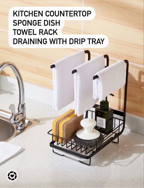 Black metal hardware countertop organizer sponge dish towel rack combo with draining drip tray, for industrial modern farmhouse kitchen Towel Rack Kitchen Sink, Dish Towel Rack Ideas, Kitchen Dish Towel Holder Ideas, Towel Rack Above Kitchen Sink, Kitchen Sink Countertop Organization, In Sink Dish Rack, Towel Rack Kitchen, Kitchen Cloth Holder, Dish Tray Kitchen