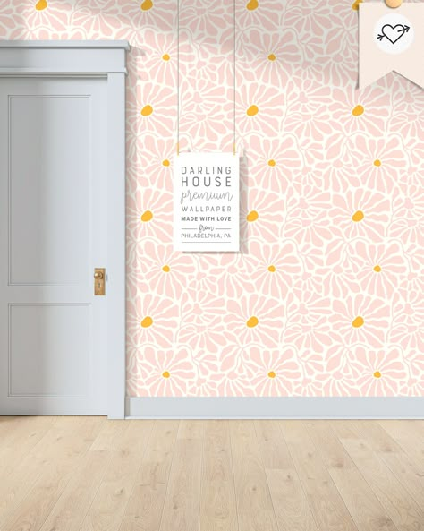 Funky Peel And Stick Wallpaper, Bright Colorful Bedroom, 1960 Wallpaper, Retro Pink Bedroom, Retro Daisy Wallpaper, Retro Flower Wallpaper, Nursery Peel And Stick Wallpaper, Flowered Wallpaper, Pink Removable Wallpaper