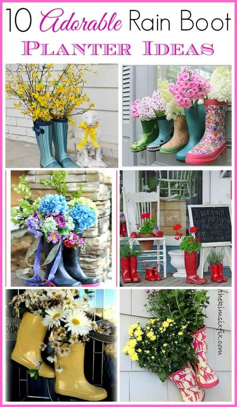 Cute curb appeal idea! Repurpose old or out grown rubber boots into planters with real or fake plants. | 10 adorable rain boot planter ideas Boot Planter Ideas, Easy Spring Decorations, Boot Planter, Spring Decorating Ideas, Spring Door Decoration, Spring Planter, Garden Boots, Spring Decorating, Diy Outdoor Decor