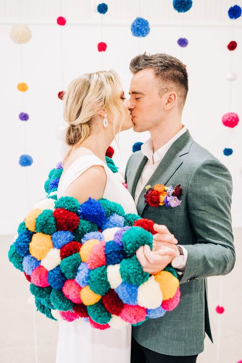 Bright and beautiful, this pom pom filled editorial is packed with wedding ideas that are joyful, creative and polka dot! | Photo by https://www.danibartlett.com/ | Polka Dot Wedding Polka Dot Wedding Theme, Bar Area Design, Pom Pom Jackets, Whimsical Wedding Ideas, How To Make A Pom Pom, Indoor Ceremony, Polka Dot Wedding, Bright Wedding, Whimsical Wedding