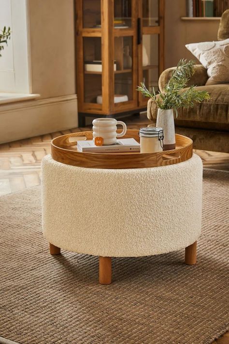 Round Ottoman With Tray, Sofa Inspiration, Round Wood Coffee Table, Pink Living Room, Storage Stool, Storage Footstool, Round Storage, Round Ottoman, End Tables With Storage