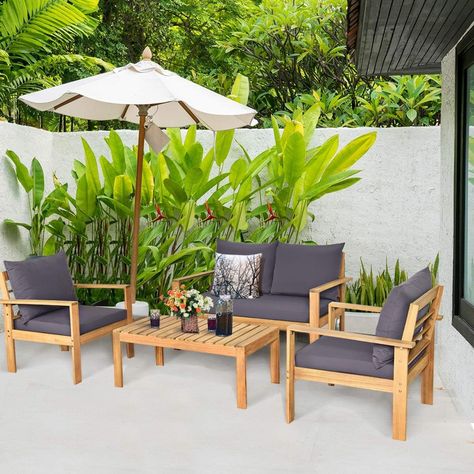 Amazon.com: COSTWAY 4 Pieces Outdoor Acacia Wood Sofa Set, Outdoor Conversation Sofa Set with Table & Cushions Porch Chairs for Garden, Patio, Deck : Patio, Lawn & Garden Waterproof Furniture, Wood Facade, Porch Chairs, Conversation Sofa, Patio Sofa Set, Coffee Table Dimensions, Artistic Home, Wood Sofa, Wooden Coffee Table