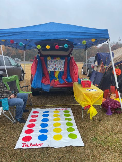 Game Night Trunk Or Treat, Trunk Or Treat Soccer Theme, Tru K Or Treat Truck Ideas, Trunk Or Treat Twister, Trunk Or Treat Game Theme, Twister Theme Trunk Or Treat, Lets Taco Bout Jesus Trunk Or Treat, Twister Treat Trunk Or Treat, Twister Board Game Trunk Or Treat