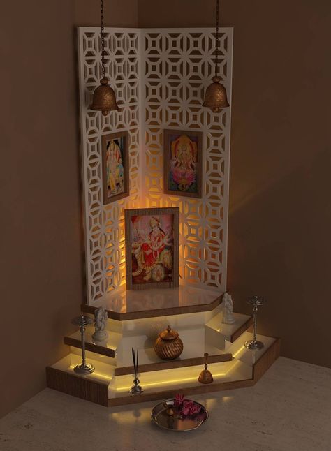 7 beautiful and unique pooja room designs by Indian interior… Pooja Corner Ideas, Corner Pooja Mandir, Corner Mandir Design, Pooja Setup, Mandir Design, Temple Design For Home, Pooja Mandir, Pooja Room Door Design, Pooja Room Design