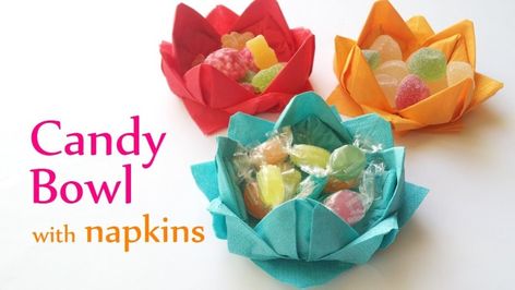 DIY Candy Bowl with Paper Napkins Kids Table Decorations, Diy Napkin Folding, Napkin Folding Tutorial, Pretty Candy, Dessert Table Birthday, Diy Bowl, Diy Napkins, Tutorial Ideas, Birthday Desserts