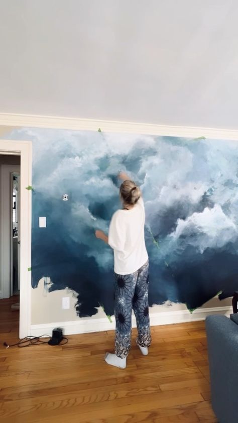 Bedroom Wall Painted Designs, Large Mural Painting, Mural Wall Painting Ideas, Diy Watercolor Wall Mural, Living Room Wall Mural Ideas, Bathroom Mural Ideas Painted, Diy Wall Designs Paint Ideas, Blue Wall Painting Ideas, Watercolor Wall Paint Diy