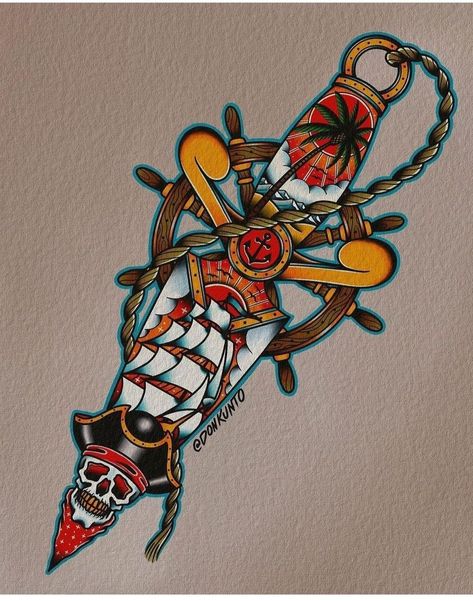 American Traditional Pirate Tattoo, American Traditional Nautical Tattoo, Traditional Pirate Tattoo, Colourful Tattoo Ideas, Traditional Nautical Tattoo, Colourful Tattoo, Traditional Tattoo Prints, Nautical Tattoo Sleeve, Vintage Tattoo Art