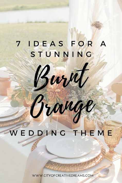 Let’s talk about a wedding theme that is both unique and bold. Yes, I am talking about a burnt orange colour scheme wedding for your special day. This may not be a go-to for everyone but it has a warm and vibrant hue that can look elegant and sophisticated when done right. Here are 10 […] The post 7 Ideas for a Stunning Burnt Orange Wedding Theme appeared first on City of Creative Dreams. Burnt Orange Wedding Dress, Burnt Orange Weddings Decorations, Colour Scheme Wedding, Burnt Orange Wedding Theme, Orange Wedding Theme, Orange Dress Wedding, Orange Wedding Decorations, Orange Wedding Cake, Orange Wedding Themes