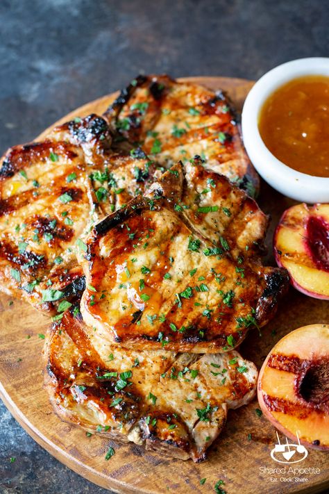 Peach Bourbon Glazed Pork Chops - Shared Appetite Peach Pork Chops, Peach Bourbon, Peach Sauce, Bourbon Glaze, Glazed Pork Chops, Glazed Pork, Pork Glaze, Grilled Pork Chops, Grilled Peaches