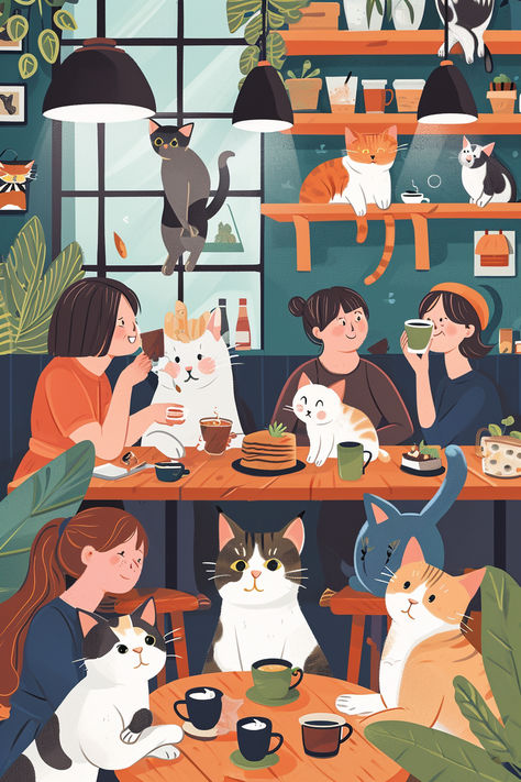 Cat café illustration, cozy interior, people enjoying coffee, cats on furniture, indoor plants, cat lovers, café atmosphere, pet-friendly establishment, socializing with cats, relaxed setting, warm lighting, modern cat café design, urban coffee shop, animal-themed café, cat and human interaction, leisure lifestyle, cat adoption, community space, charming café scene. Cat Cafe Illustration, Coffee Table Illustration, Coffee Art Illustration Graphic Design, Cat Cafe Aesthetic, Cartoon Cafe, Cafe Cartoon, People And Cats, Simple Cartoon Characters, Cafe Illustration