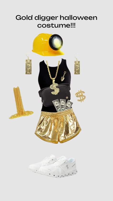 Gold digger Halloween costume inspo! Digger Halloween Costume, Gold Digger Costume, Digger Costume, Teen Halloween Costumes, Gangster Halloween Costumes, Fun Halloween Outfits, Gold Diggers, Halloween Duos, Halloween Costumes For Work