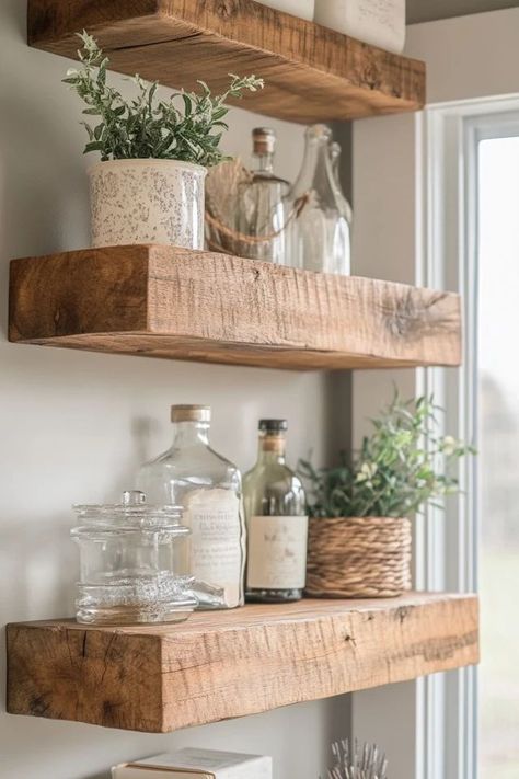 "Maximize storage and style with DIY Floating Wood Shelves! 🛠️🪵 Perfect for adding a modern touch to any room while showcasing your favorite decor. 🌟✨ #DIYHomeDecor #FloatingShelves #WoodCrafts" Natural Wood Floating Shelves, Natural Wood Shelves, Dining Room Shelves, Small Space Solutions, Wood Floating Shelves, Wood Shelves, Reclaimed Wood, Floating Shelves, Natural Wood