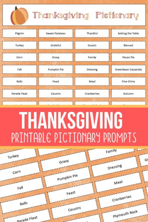 This Thanksgiving Pictionary printable game is great for a Fall game night with the family, or to play on Thanksgiving day after dinner! #printablegame #printablepictionary #familygamenight #parenting #thanksgivingactivity #kidsactivities #pictionarygametoprint Thanksgiving Pictionary Free Printable, Thanksgiving Pictionary Words, Fall Pictionary Words, How To Play Pictionary, Thanksgiving Pictionary For Kids, Thanksgiving Pictionary For Adults, Fall Game Night, My Family Activities, Thanksgiving Pictionary